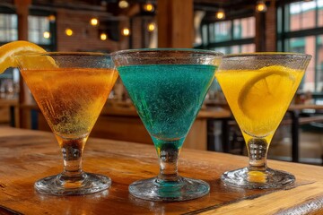 Poster - Three colorful cocktails served at a bar with a warm ambiance in the evening, showcasing vibrant colors and garnishes
