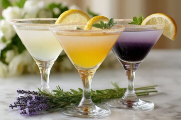 Aufkleber - Colorful cocktails arranged elegantly with fresh garnishes on a marble table surrounded by flowers, creating a festive atmosphere