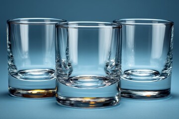Poster - Clear glass drinking glasses arranged on a blue background with reflections and soft lighting effects