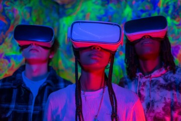 Aufkleber - Friends exploring virtual reality in a colorful immersive environment during an evening gathering