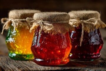 Poster - Colorful jars of homemade fruit jelly displayed on rustic wooden surface in a warm setting
