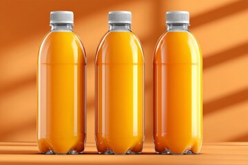 Aufkleber - Refreshing orange drinks in clear bottles arranged on a wooden surface against a vibrant orange background