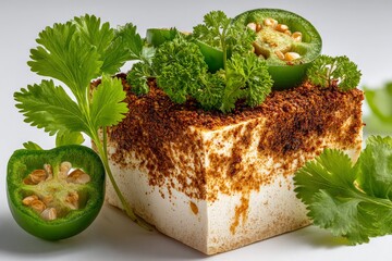 Poster - Fresh tofu topped with spices and herbs on a clean white surface