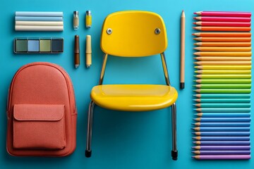 Aufkleber - Brightly colored school supplies and a yellow chair arranged on a blue surface, perfect for a creative workspace