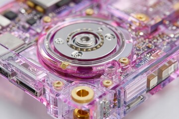 Aufkleber - Close-up view of a transparent pink electronic component showcasing intricate circuitry and mechanical parts under bright lighting