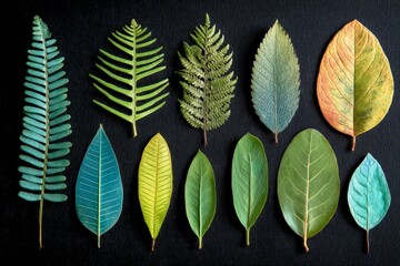 Poster - Various types of leaves displayed on a black surface showcasing rich colors and diverse shapes