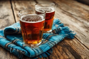 Poster - Two glasses of amber beer sit on a cozy blue and plaid cloth on a rustic wooden table during an evening gathering