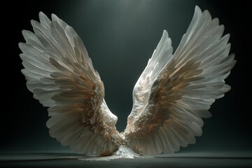 Aufkleber - Majestic white wings illuminated by soft light in a dimly lit space evoke a sense of wonder and serenity