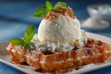 Aufkleber - Delicious waffle topped with ice cream and cream served on a plate with mint leaves