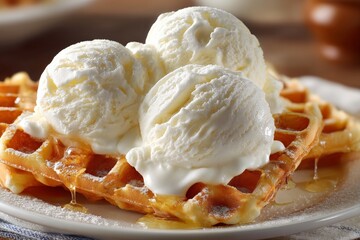 Aufkleber - Delightful waffles topped with three scoops of creamy vanilla ice cream and drizzled with syrup on a rustic table
