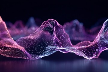 Poster - Colorful 3D wave pattern created with digital particles in a dark background, resembling an abstract representation of sound waves