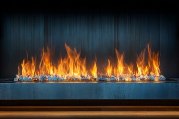 Aufkleber - Modern fireplace with vibrant flames illuminating a contemporary living space in the evening