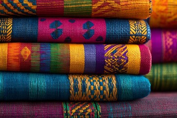 Aufkleber - Colorful woven fabrics stacked in a traditional display showcasing intricate patterns and textures from a cultural market