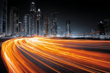 Poster - Vibrant light trails envelop city skyline at night near waterfront in urban landscape