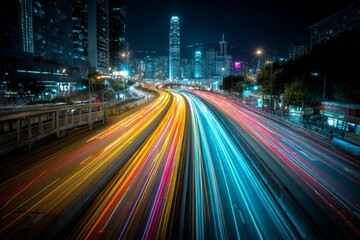 Poster - City night view showcasing vibrant light trails along busy highway with skyscrapers in the background