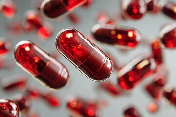 Aufkleber - Red capsules float in the air against a blurred background, showcasing their shiny surface and intricate details