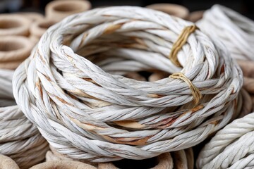 Poster - Natural fiber rope coiled on a workbench in a crafting workshop