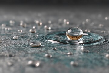 Aufkleber - Raindrops create ripples in a puddle on a textured surface during a rainy day