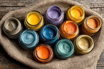 Aufkleber - Creativity thrives with vibrant paints in jars arranged artfully on rustic linen background