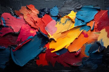 Poster - Vibrant abstract art composed of thick paint strokes in various colors on a dark background creating a striking visual effect