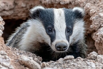 Aufkleber - Badger emerging from its burrow in a natural habitat during a sunny day