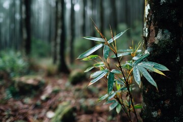 Poster - Lush bamboo leaves thrive in a serene forest setting during early morning light