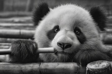 Poster - Playful giant panda munching on bamboo in a serene bamboo forest setting during the day