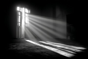 Poster - Bright rays of sunlight streaming through an open window in a dimly lit room