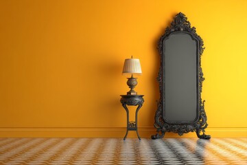 Poster - Elegant vintage decor with an ornate mirror and lamp against a vibrant yellow wall in a stylish interior setting
