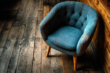 Poster - Cozy blue armchair on wooden floor in warm, rustic interior setting with soft lighting