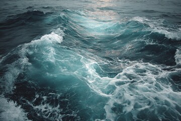 Poster - Waves crashing against the shore during a tranquil evening in a coastal area, creating beautiful patterns on the water surface