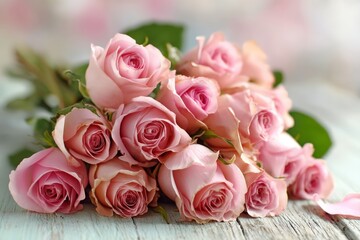 Aufkleber - Beautiful bouquet of pink roses arranged elegantly on a wooden surface in soft, natural light