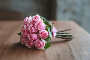 Poster - Fresh pink roses arranged beautifully on a wooden table in a softly lit room