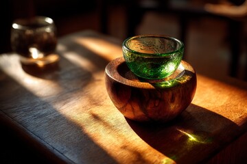 Aufkleber - Glass bowl placed on wooden surface with sunlight casting gentle shadows in a cozy interior space