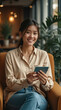 © lina - young woman smiles while reviewing content on a tablet.
