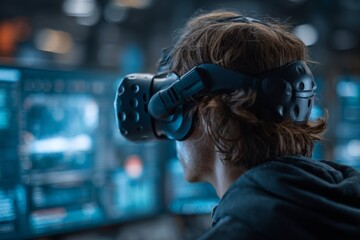 Aufkleber - Individual engages in virtual reality experience within high-tech environment at night