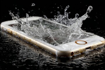 Poster - Water splashes dramatically around a smartphone submerged in liquid on a reflective surface during a high-speed capture