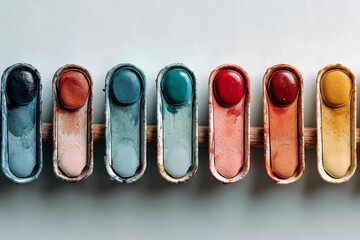 Poster - Artistic arrangement of colorful paint pastels in a creative workspace during daylight