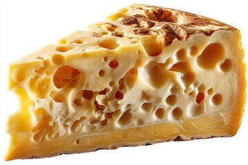 Poster - Delicious cheese wedge with holes showing texture and color in a bright light