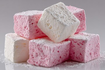 Poster - Colorful marshmallows stacked neatly on a light surface showcasing their texture and sweetness
