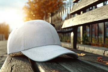 Poster - Sunset light illuminating a subtle gray cap resting on a park bench surrounded by autumn foliage