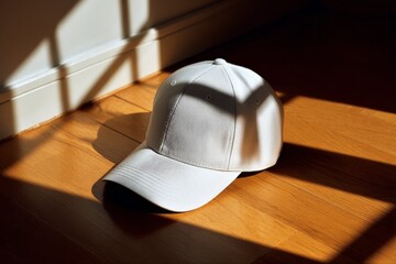 Poster - White cap resting on wooden floor bathed in warm sunlight creating interesting shadows in a serene indoor setting