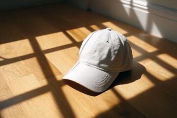 Aufkleber - Sunlight casts shadows on a white cap resting on a wooden floor in a cozy indoor setting