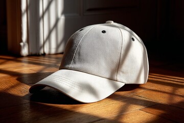 Poster - White baseball cap resting on wooden floor with shadows at midday