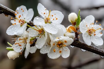 Poster - Beautiful white flowers with raindrops on a branch in springtime nature setting