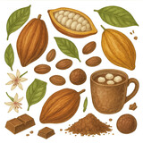 Cocoa Delight: A detailed illustration showcasing the journey of cocoa from its natural origins to the warm embrace of a rich, delicious cup. A symphony of textures and flavors