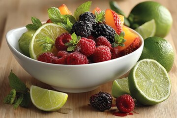 Poster - Fresh fruit salad with berries, lime, and mint presented in a white bowl on a wooden surface