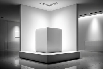 Aufkleber - Minimalist exhibition space with illuminated white cube on display in modern art gallery