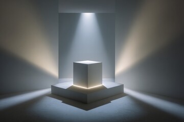 Poster - Illuminated exhibition space showcasing a white pedestal in a modern gallery setting