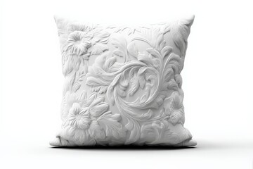 Aufkleber - Elegant white decorative pillow with floral relief design perfect for modern home decor accents in a bright setting